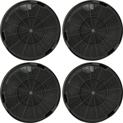 Four black carbon filters are arranged in a two-by-two grid against a white background.