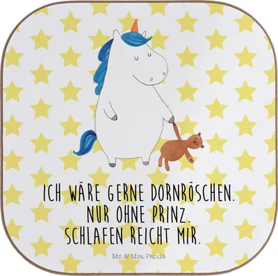 Produktbild von Mr. & Mrs. Panda Untersetzer für Gläser Einhorn Teddy - Weiß - Geschenk, Einhörner, gläseruntersetzer, Freundin, Unicorn, Bett, Gute Nacht, schlafen, Coaster