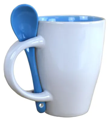 Produktbild von Kaffetasse ca. 250 ml in Orange oder Blau Tasse mit Löffel im Halter