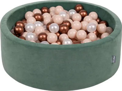Zdjęcie produktu dla KiddyMoon suchy basen okrągły velvet z piłeczkami 7cm zieleń lasu: pastelowy beż-miedziany-perła 90x30cm/200piłek zabawka basen piankowy