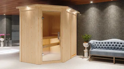 Produktbild von Karibu Sauna Innensauna Carin Eckeinstieg Ofen 9 KW externe Strg easy 210x165x202 cm mit Dachkranz mit Klarglastür