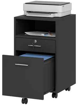 Produktbild von Bš¹roschrank aus Holz mit 2 Schubladen und offenem Fach, 39 x 40 x 65 cm, Schwarz