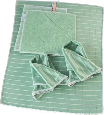 A set of green microfiber cleaning cloths with white stripes and grid patterns, neatly arranged on a white background.
