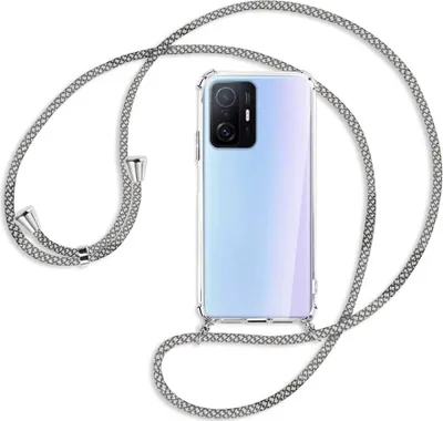 Produktbild von Handykette Backcover-Schutzhülle mit Band (Metall silberfarben) für Xiaomi Mi 11T - weiß/grau kariert