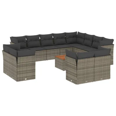 Produktbild von Modulare Garten-Sofagarnitur, 13-teilig, mit Stauraum, wasserabweisendem Beutel, Poly Rattan Grau, Akazienholz-Tisch, abnehmbare Kissenbezüge