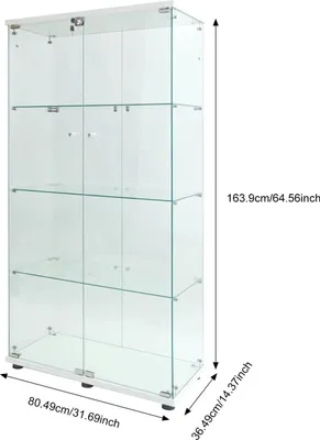 Image de Vitrine en verre - Meuble vitrine - Éclairage LED - 4 étagères - Double porte - 80,49 × 36,49 × 163,9 cm - Cadre en plastique - Blanc