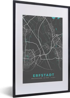 Produktbild von MuchoWow® Gerahmtes Poster Erfstadt - Stadtplan - Blau - Karte - Deutschland 40x60 cm - Poster mit Schwarzem Bilderrahmen Wandposter Rahmen Foto Bilder - Poster in Rahmen