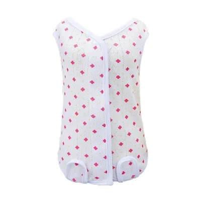 A white pet recovery suit with a pink floral pattern, shown from the front.