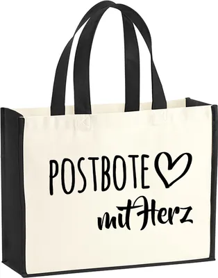 Produktbild von Huuraa Jutetasche Postbote mit Herz 21 Liter Black Jute und Baumwolle Einkaufstasche Geschenkidee