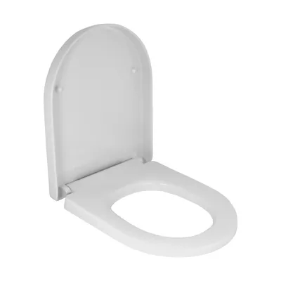 A white toilet seat and lid are shown in an open position against a white background.