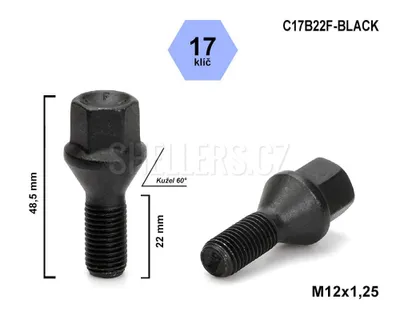 Obrázok produktu pre Skrutka kolesa M12x1,25x22 s kužeľom, kľúč 17, C17B22F-BLACK, výška 48,5 mm