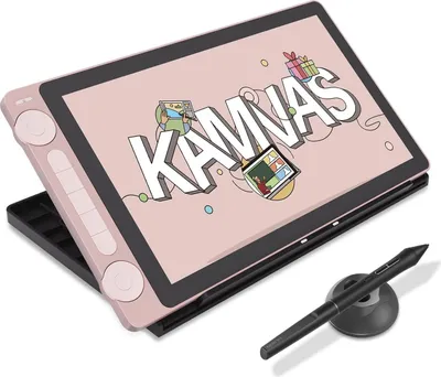 A pink drawing tablet with a stylus and stand, displayed on a white background with text and graphics on the screen.