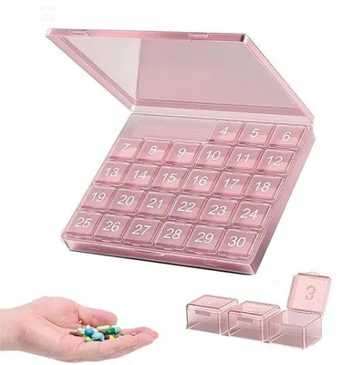 Imagen del producto de Caja para pastillas de 30 días - Dosificador mensual para pastillas - Con compartimentos extraíbles - Gran caja para pastillas, ideal para viajes, vitaminas y medicamentos - Color rosa dorado