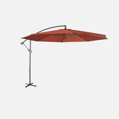 A cantilever umbrella with a terracotta canopy and a gray metal stand, isolated on a white background.