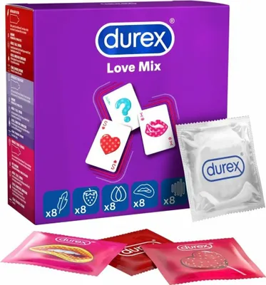 A box of Durex Love Mix condoms with individual condom wrappers shown in the foreground.