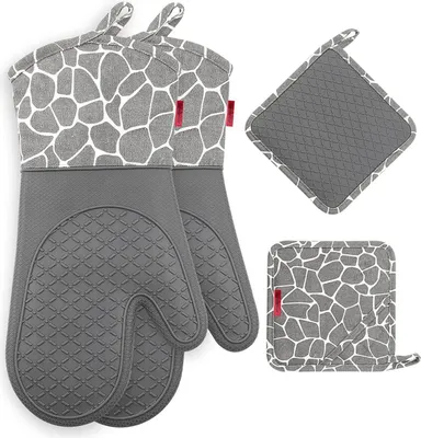 Produktbild von Hitzebeständige Ofenhandschuhe und Topflappen Set 1 Paar Grau