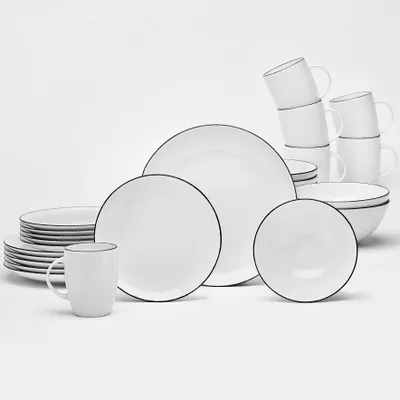 Produktbild von Kombiservice Blackline 24-teilig Porzellan weiß mit schwarzem Rand für 6 Personen – Kaffeebecher 350 ml, Dessertteller 20,5 cm, Speiseteller 27 cm, Schalen 17 cm