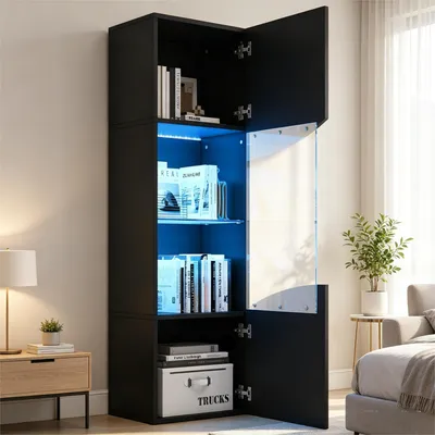 Produktbild von okwish Vitrinenschrank Hochglanzfront Glasvitrine mit LED Beleuchtung Stauraumschrank Highboard mit Glasbereich Für Wohnzimmer in Schwarz