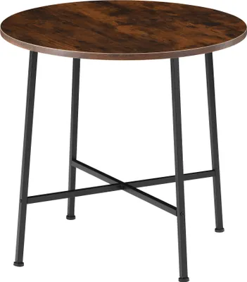 A round dining table with a wood-look top and black metal legs, shown against a white background.