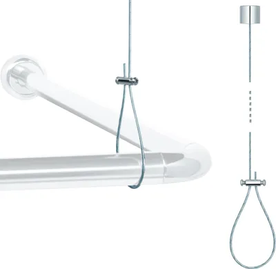 A close-up view of a shower rod support system, showing how a cable attaches to the rod and a ceiling mount.