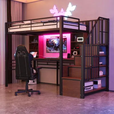 Produktbild von Hochbett 90 × 200 cm mit Schreibtisch, Stauraumtreppe, EU-Steckdose & LED, hohem Schutzgitter, Treppe links/rechts montierbar, Schwarz