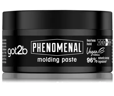 A black jar of hair molding paste with white text and logos.