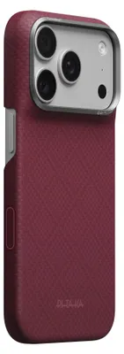 Produktbild von Aramid Handyhülle für iPhone 18 Pro / 17 Pro, PITAKA Edge Ultra-Slim Case PitaTap mit MagSafe, Burgunderrot mit Rautenmuster