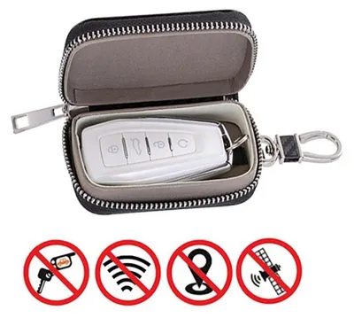 A car key case with a car key inside, and four prohibition symbols below.