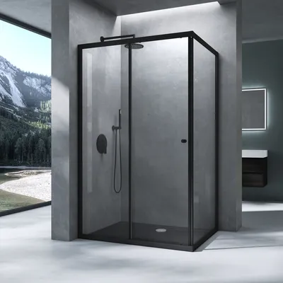 Produktbild von Mai & Mai Duschkabine Duschabtrennung Eckdusche aus Sicherheitsglas mit NANO Schiebetür BxTxH 80x140x190cm Schwarz Ravenna16L K