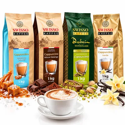 Productafbeelding van SWISSO Cappuccino Koffieset, 4 x 1 kg – Wiener Melange, Dubai Style, Zoutkaramel & Vanille