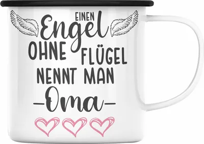 Produktbild von Trendation - Einen Engel Ohne Flügel Nennt Man Oma Emaille Tasse Geschenk Muttertag Spruch Großmutter (Schwarz)
