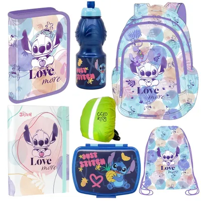 Produktbild von Goldkids - Rucksack für Jungen und Mädchen, 7er-Set - Schul-Rucksack für Kinder mit Federmäppchen - Schuhbeutel und Regenschutz -  Stitch Motiv