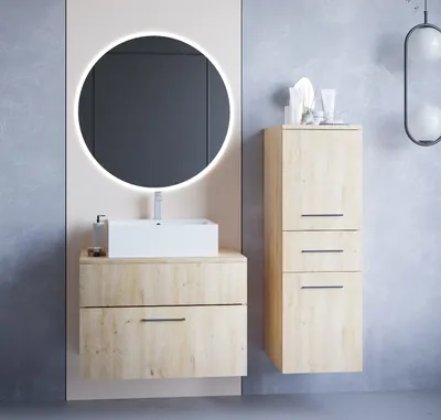 Produktbild von Badmöbel Badezimmer Set BUSTO LED eiche artisan  Spiegel Waschbeckenunterschrank mit Waschbecken