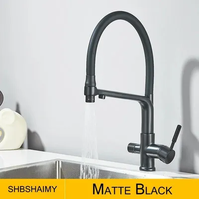 Produktbild von Küchenarmatur - 3-Wege Wasserhahn mit Filter - Zwei Griffe, Heiß/Kalt + gefiltertes Wasser, 360° schwenkbar, Ausziehbrause, Einlochmontage - Mattschwarz