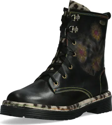 Produktbild von Laura Vita Damen Stiefelette Leder Blumen Leoparden Muster Satinband Incaso 40, Größe:38 EU, Farbe:Schwarz
