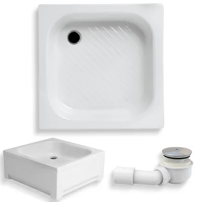 Produktbild von Duschwanne Quadratisch 70x70x29,5 mit AcrylSchürze, Sanitäracryl Anti-Rutsch Duschtasse Glatt | Ablaufgarnitur ⌀50 mm & Füßen im SET | BADLAND KAREN