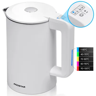 A white electric kettle with a digital display and temperature indicator.