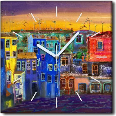 Produktbild von Coloray Uhr auf Leinwand 30x30 cm Wand Uhr Dekoration Wohnzimmer Segeltuch weiße Zeiger -Landschaftshäuser Stadt.