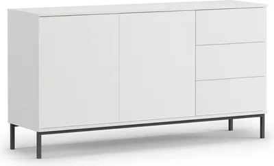 A white sideboard with three drawers on the right and two doors on the left, set against a white background.
