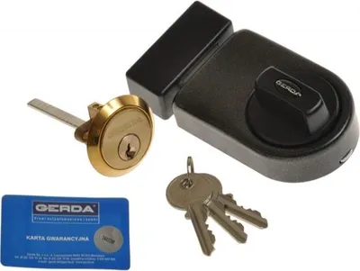 A Gerda surface lock set, including the lock mechanism, a cylinder, three keys, and a warranty card, displayed against a white background.