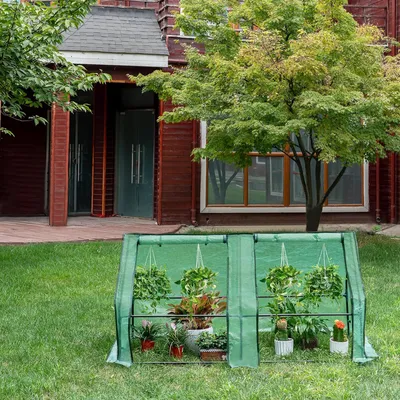 A green greenhouse with plants inside, set up on a lawn in front of a house.