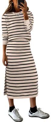 Produktbild von KLWCJFFF 2-teiliges Damen-Outfit, gestreifter Pullover, Rock, Set, Herbst, lässi