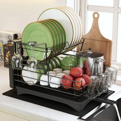 Imagen del producto de Estante para platos de 2 niveles con soporte para utensilios de cocina -
