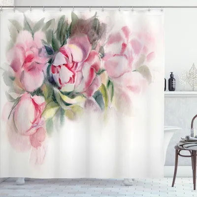 Image de ABAKUHAUS Rideau de douche Pivoine, aquarelle dessinée à la main, illustration florale romantique, 175 x 180 cm, rose pâle taupe