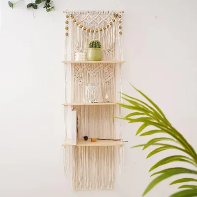 Macramé-Wandregal 3 Ebenen, Holz, handgewebt, 40x120 cm, Beige