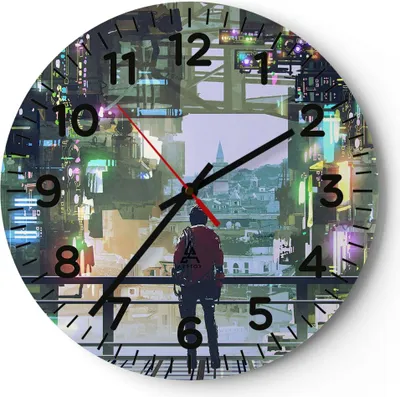 Produktbild von Wanduhr - Rund - Glasuhr - Stadt Brücke Haus - 30x30cm - Schleichendes Uhrwerk - Lautlos - zum Aufhängen bereit - Dekoration Modern - Wanddekoration aus Glas - C4AR30x30-4017