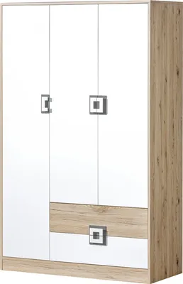 Produktbild von Furniture24 Kleiderschrank NICO 01, 3 Türiger Drehtürenschrank, Schrank mit 2 Schubfächern, 4 Einlegeboden und Kleiderstange Hell Eiche/Weiß/Grau