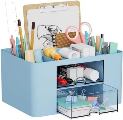 Immagine prodotto di Organizer da ufficio con cassetti, vassoio multifunzionale a 7 scomparti, 2 cassetti, organizer da ufficio e accessori (2 cassetti blu)