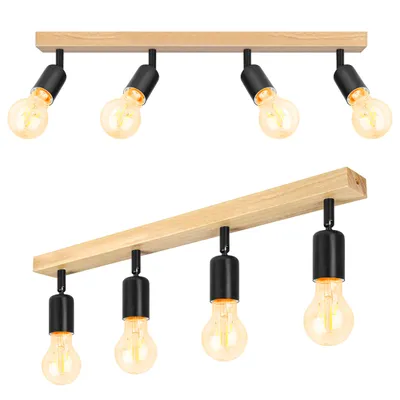 Two ceiling lights with wooden bases and black metal fixtures holding Edison-style bulbs, shown against a white background.