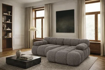 Image de Canapé d'angle modulaire en L tissu bouclé Abriamo, marron, version droite, Selia